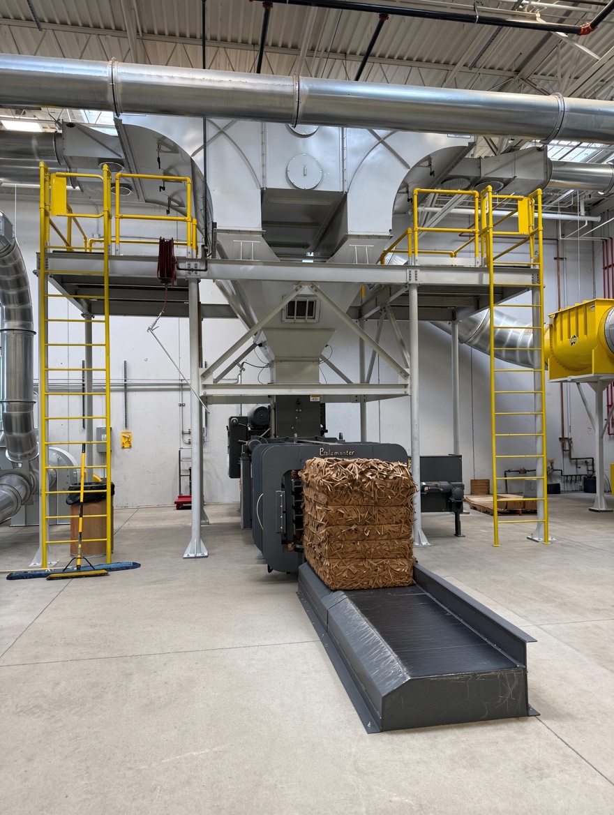 The baler and overhead dust-collection system on the JackPack plant floor